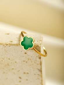 1 件优雅不锈钢滴油花形戒指，女士礼物 - 綠色 - 查看 3