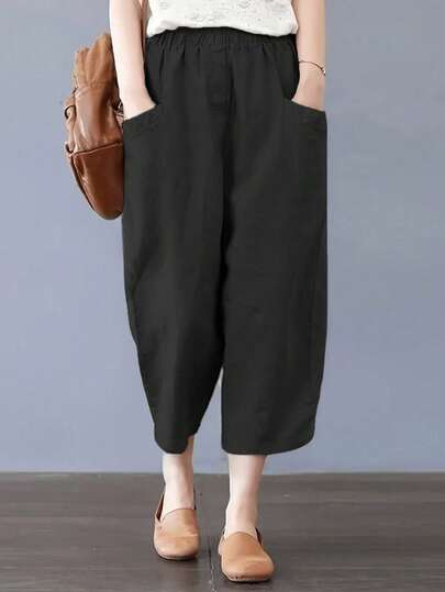 大码女式素色简约日常七分裤，带大口袋