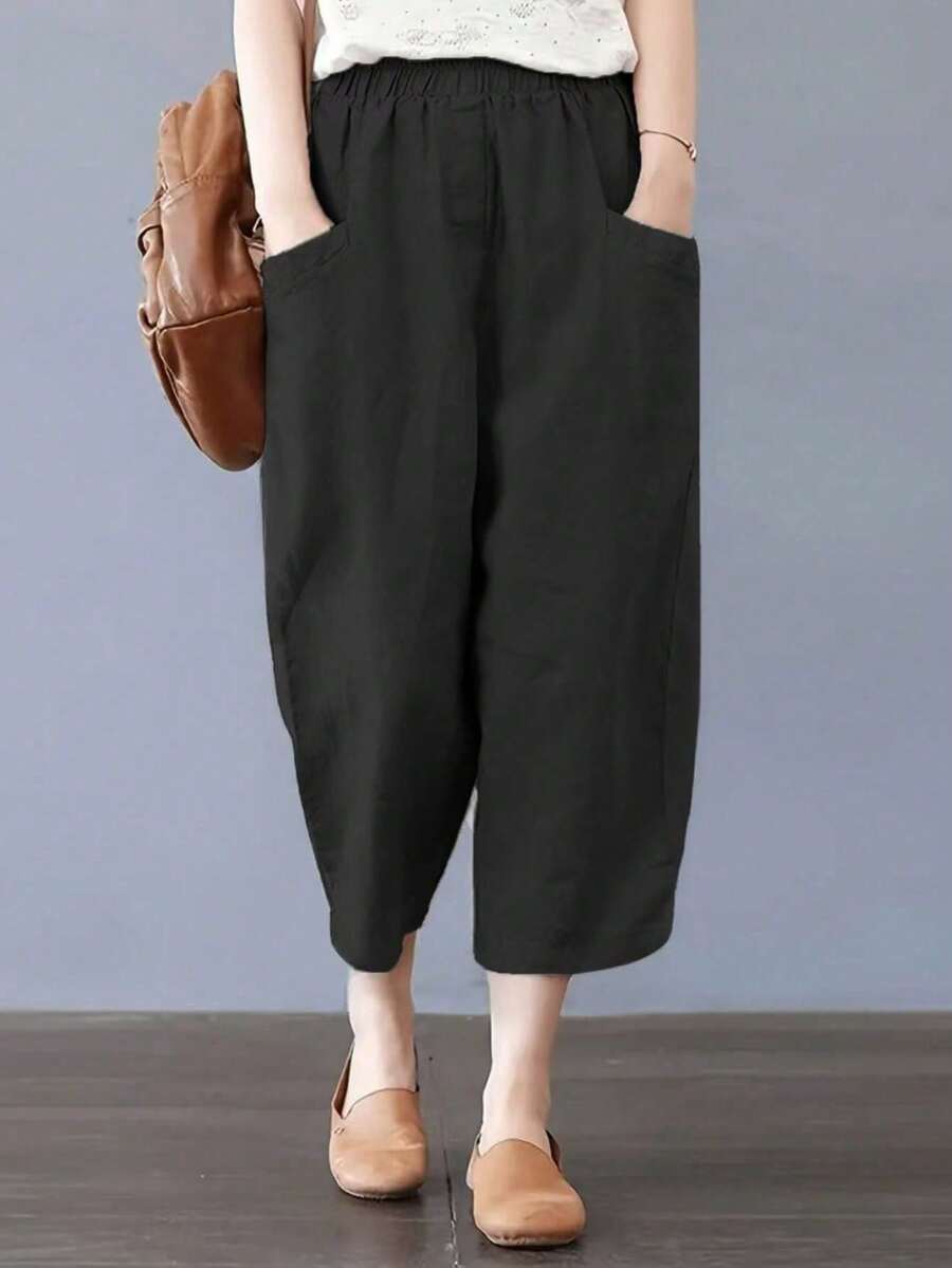 大码女式简约日常七分裤，带大口袋，黑色夏季款 - 黑色 - 查看 1