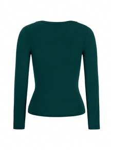 NOIRLYN Women's Y2K Autumn Casual Sexy Solid Color Lace Contrast Slim Fit Long Sleeve V-Neck Top, Suitable For Daily Commuting Wear, Black - Green - View 10