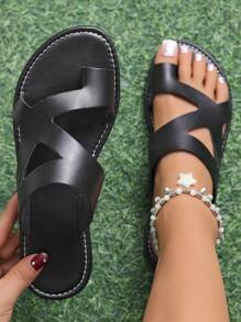Summer Women's Versatile New Solid Black Open Toe Hollow-Out Flat Sandals, Fashion Casual Minimalist Simple/Comfortable Breathable Lightweight Slip-On Beach Holiday Party Gladiator Sandals