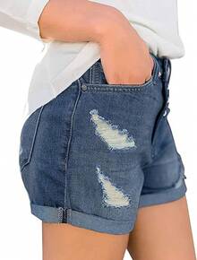 CHICZONE Womens Mid-High Rise Ripped Jean Shorts Distressed Stretchy Shorts - #4 Blue - View 2