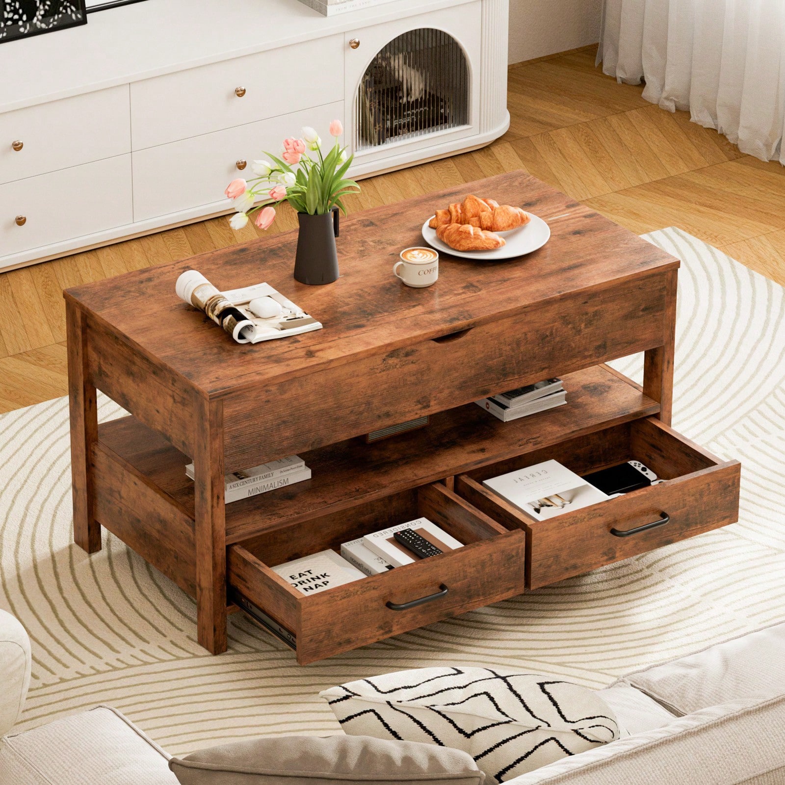 IKIFLY ローテーブル 昇降式 木製 コーヒーテーブル 引き出し付き 収納