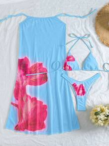 Set da 3 pezzi di costumi da bagno per donna e bambini, con motivo floreale di ibisco giallo, adatti per i giorni estivi da piscina a spiaggia, elegante bikini di base con copricostume sarong decorato a fiori come abbigliamento da spiaggia