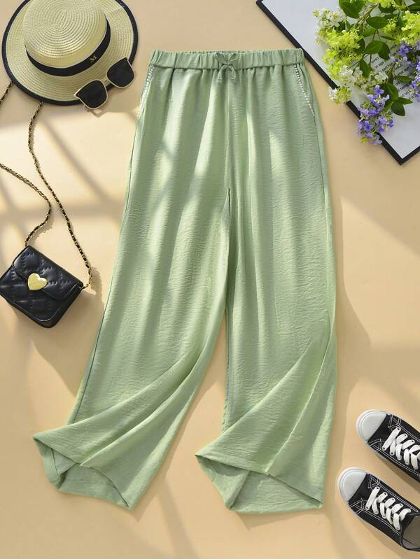 Loose Flowy Solid Color Pants For Girls & Teenagers, With Lace Trim, Pockets, Bow Decor, Casual & Fashionable, Spring/Summer
