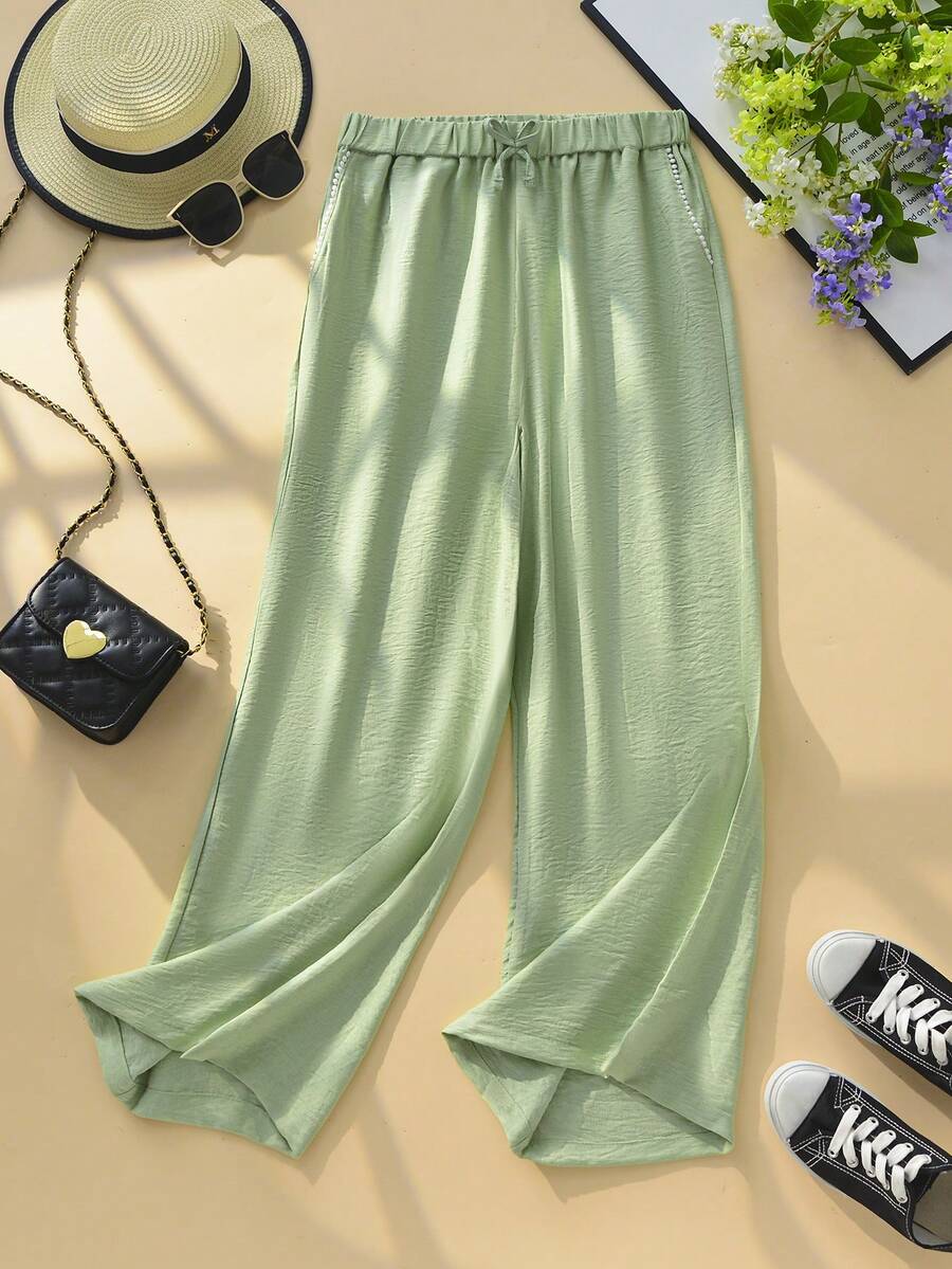 Loose Flowy Solid Color Pants For Girls & Teenagers, With Lace Trim, Pockets, Bow Decor, Casual & Fashionable, Spring/Summer - Mist Green - View 1