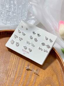 12 Pairs Silver Tone Pastel Butterfly Stud Earring Set, Chic And Simple Zinc Alloy Earrings, Fashionable For Daily Wear, Great Gift For Girlfriend