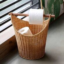 1pc Vintage Style Handwoven Plastic Storage Basket, With Wooden Handle, Multipurpose Open Top Organizer Box, Suitable For Bathroom And Home Decor, Shelf Basket Back To School
