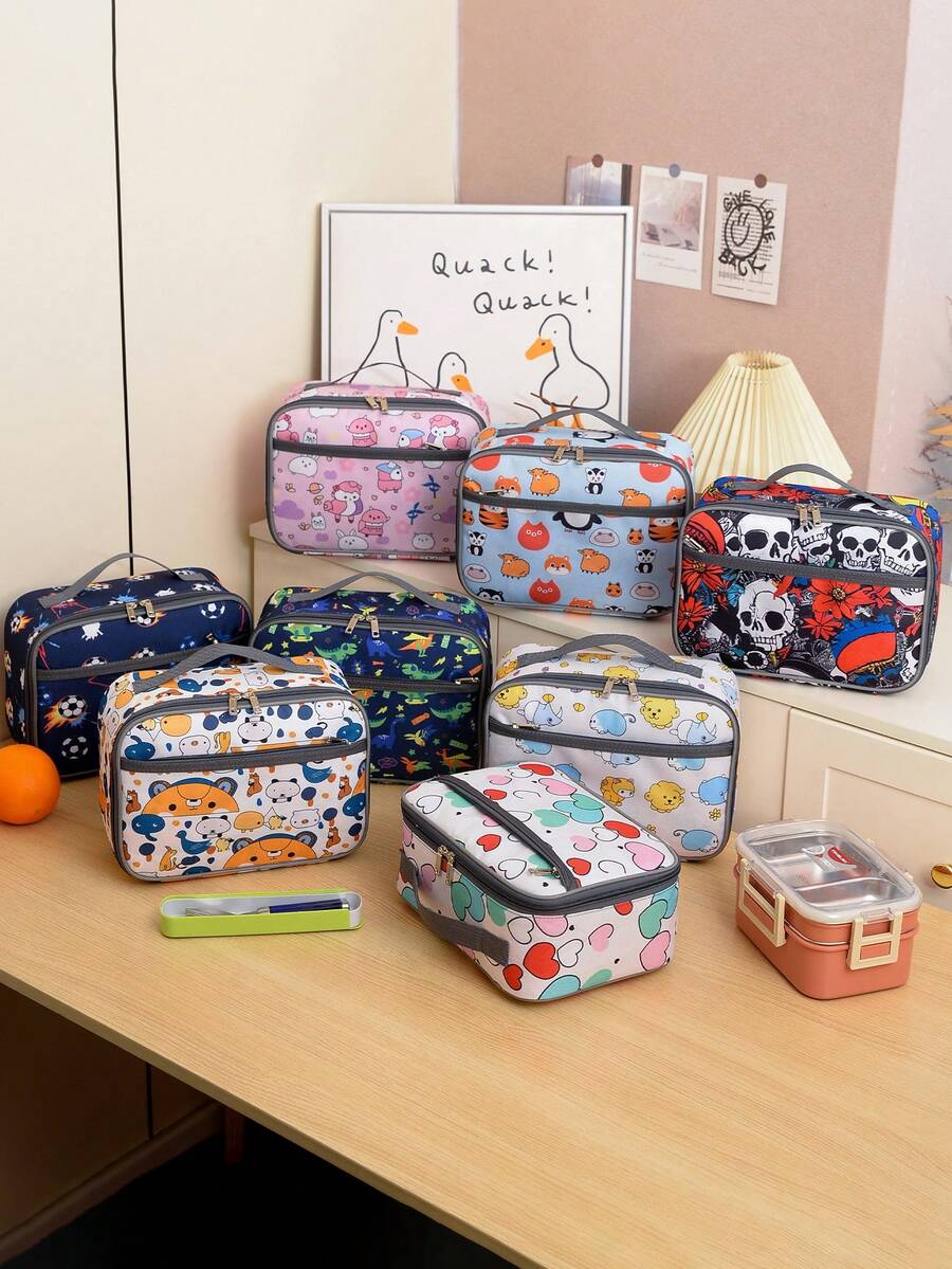 1 New Model Girl And Boy Nylon Material Various Cartoon Pattern Printed Lunch Handbag, Smooth Zipper Opening And Closing, Large Capacity, Fashionable And Cute, Daily Commuting To School Outing Light Storage Lunch Box Bag - A - View 1