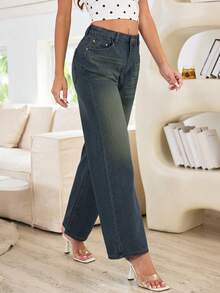 Women's Loose Button Front Wide Leg Plus Size Jeans, Casual And Fashionable-Fall Clothes For Women