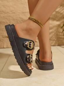 1 par de sandalias con estampado de leopardo, estilo colegial bohemio, con hebilla y suela gruesa para la playa, sandalias de plataforma de verano para uso casual al aire libre