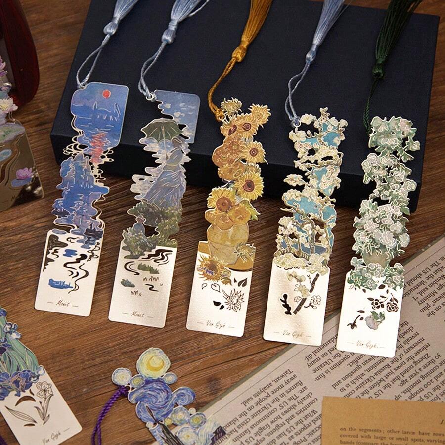 AHLGCAFT Creative Metal Bookmarks With Artistic Paintings And Long Tassels - Innovative Hollow Monet And Van Gogh Series Design Reading Accessories, Suitable For Students And Book Lovers, Durable Stationery And Gifts,School Supplies,Back To School - Multicolor - View 1
