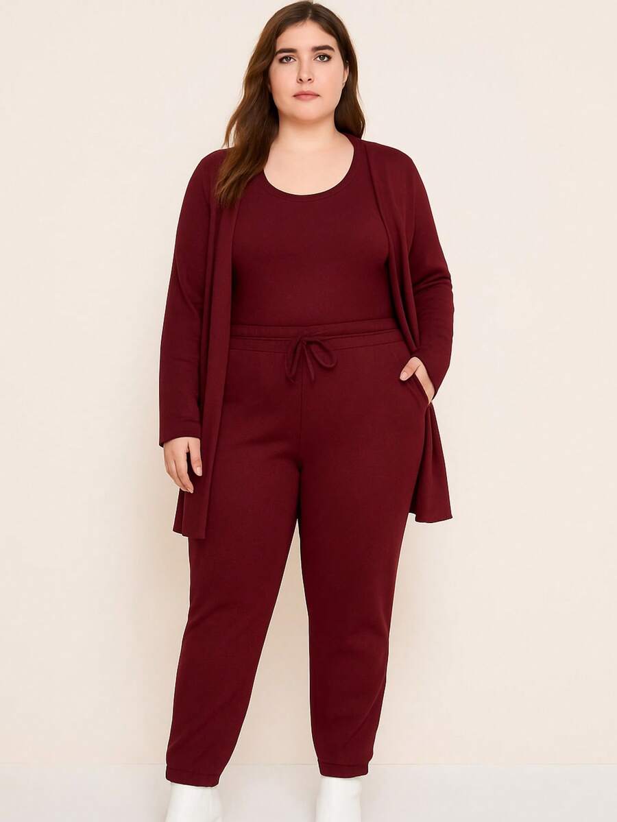 Plus Size 3 Piece Wool Set Cardigan Tank Top Pants Simple Casual Elegant - Burgundy - View 1