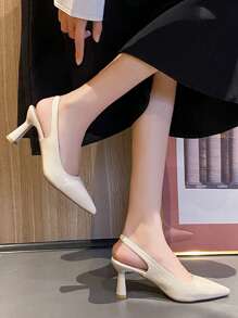 Sandalias de tacón alto y sin respaldo con puntera puntiaguda y correa trasera para mujer, color albaricoque,elegantes y cómodas bombas