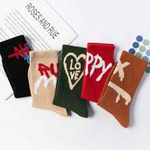 5 Pairs Unisex Mixed Color Graffiti Letter Mid-Calf Socks, Fashionable Casual Sports Socks For Daily Wear