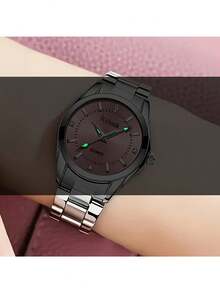 1 pieza de correa de acero inoxidable para señoras con aro circular y esfera simple luminosa, elegante reloj de cuarzo con manecillas, adecuado para decoración diaria y de fiesta. Reloj para mujer, reloj de lujo para señoras - Plateado - Ver 3