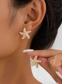 1 Pair Minimalist Metal Smooth Five-Pointed Star & Starfish Stud Earrings For Women, Summer Beach Holiday, Gift For Friend
