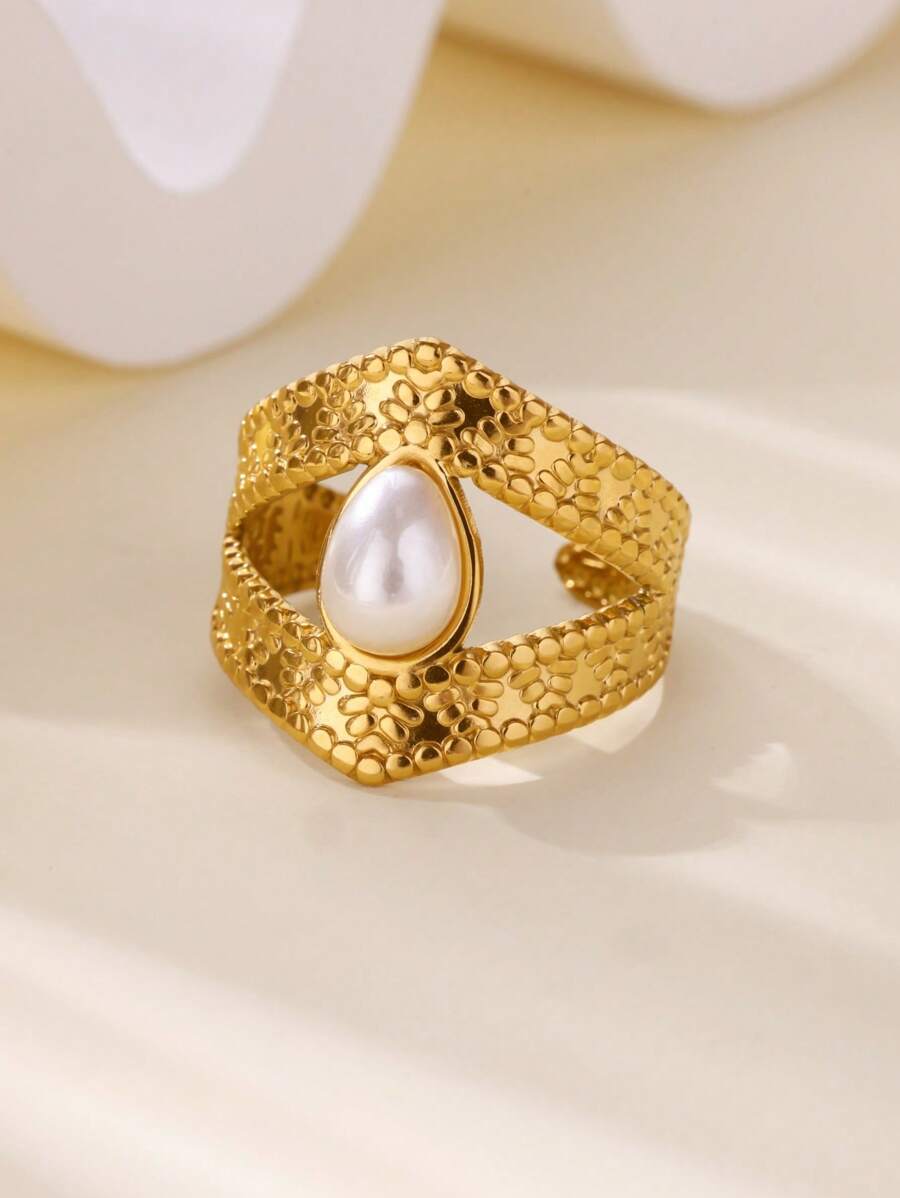 1 PC Cute Faux Pearl Evil Eye Open Rings For Women Stainless Steel Gold Color Finger Ring 2025 New Fashion Wedding Couple Jewelry Gift
