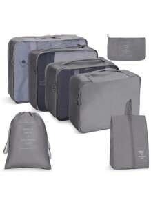 7/8 pièces Ensemble d'organisateur de voyage - Sacs de rangement multifonctionnels, sac à pinceaux de maquillage, sac à cosmétiques, sac à produits de soins de la peau, sac à vêtements, sacs à fermeture éclair, sac fourre-tout, sac à mailles, sac à chaussures, sac à bouteille, sac à cordon, sac général, sac à lingerie, organiseur de bagage, organiseur de bijoux, trousse de toilette. Grande capacité, portable, maille, gain de place, convient au rangement des vêtements, pantalons, sous-vêtements, cosmétiques, articles de toilette, chaussures, nécessités quotidiennes, organisation des voyages