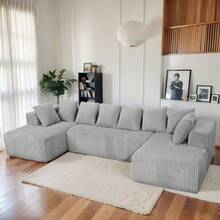U-Shaped Oversized Floor Lounge Sofa, Living Room Symmetrical Modular Sectional Couch Accent Full Foam Sofa&Couch With Double Chaise Daybed, Soft Corduroy Upholstery, 8 Pillows, Gray - 灰色 - 查看 3