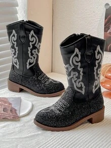 1 Pair Of Children's Flame Pattern, Glitter Trim, Faux Leather, Mid-Top Zipper, Low Heel, Western Cowboy Style, Boots, Everyday/Party Wear Children's Boots