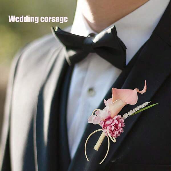 1 peça de flor de lapela de casamento elegante e premium, flor artificial Kalanchoe preservada em rosa esmaltado, boutonniere para noivo