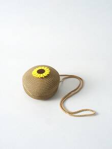 Tropiscape 向日葵装饰圆形草编包 女士编织斜挎沙滩包 可爱藤条手工编织单肩包 秋季圣诞节 冬季圣诞礼物 - 卡其色 - 查看 11