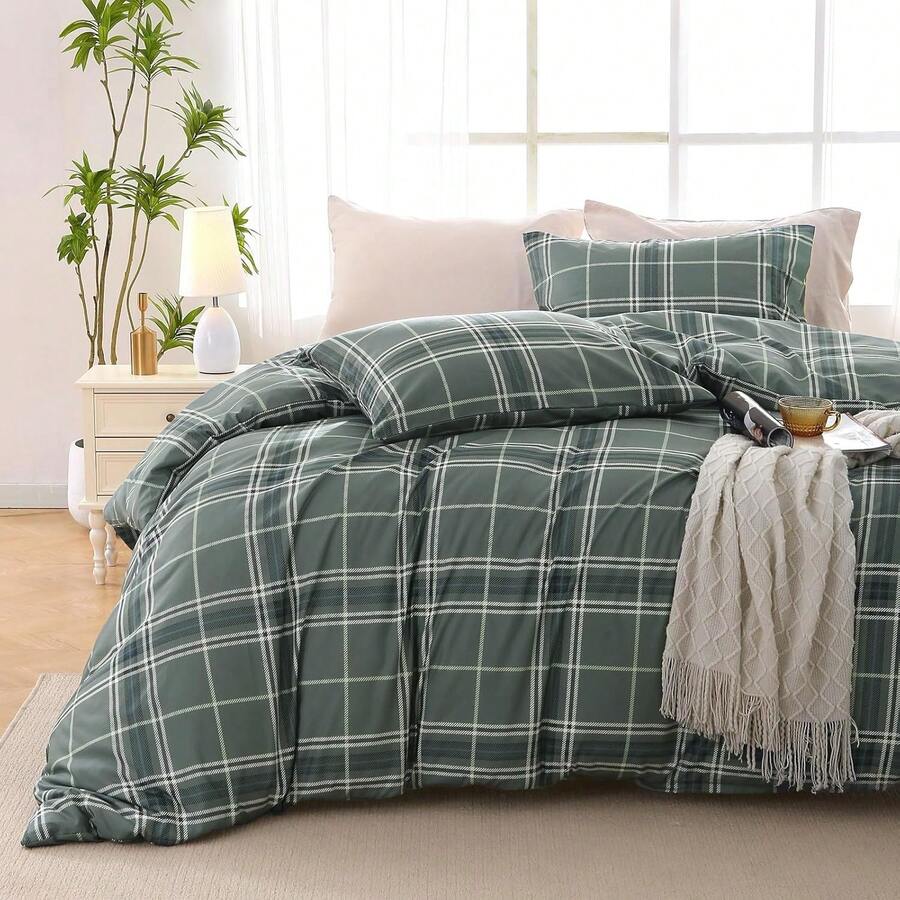 Duvet Cover King Size, Reversible Floral Lavender Duvet Cover Set With Zipper Closure, 3 Pieces Botanical Patterns Soft Microfiber Bedding Set (90"X104", 2 Pillow Cases 20"*36") - 04 - 灰色格子(無被子) - 查看 1