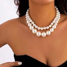2 Stück retro übertrieben große Perlen Dekor Zweischichtige Perlen Choker-Halskette Set