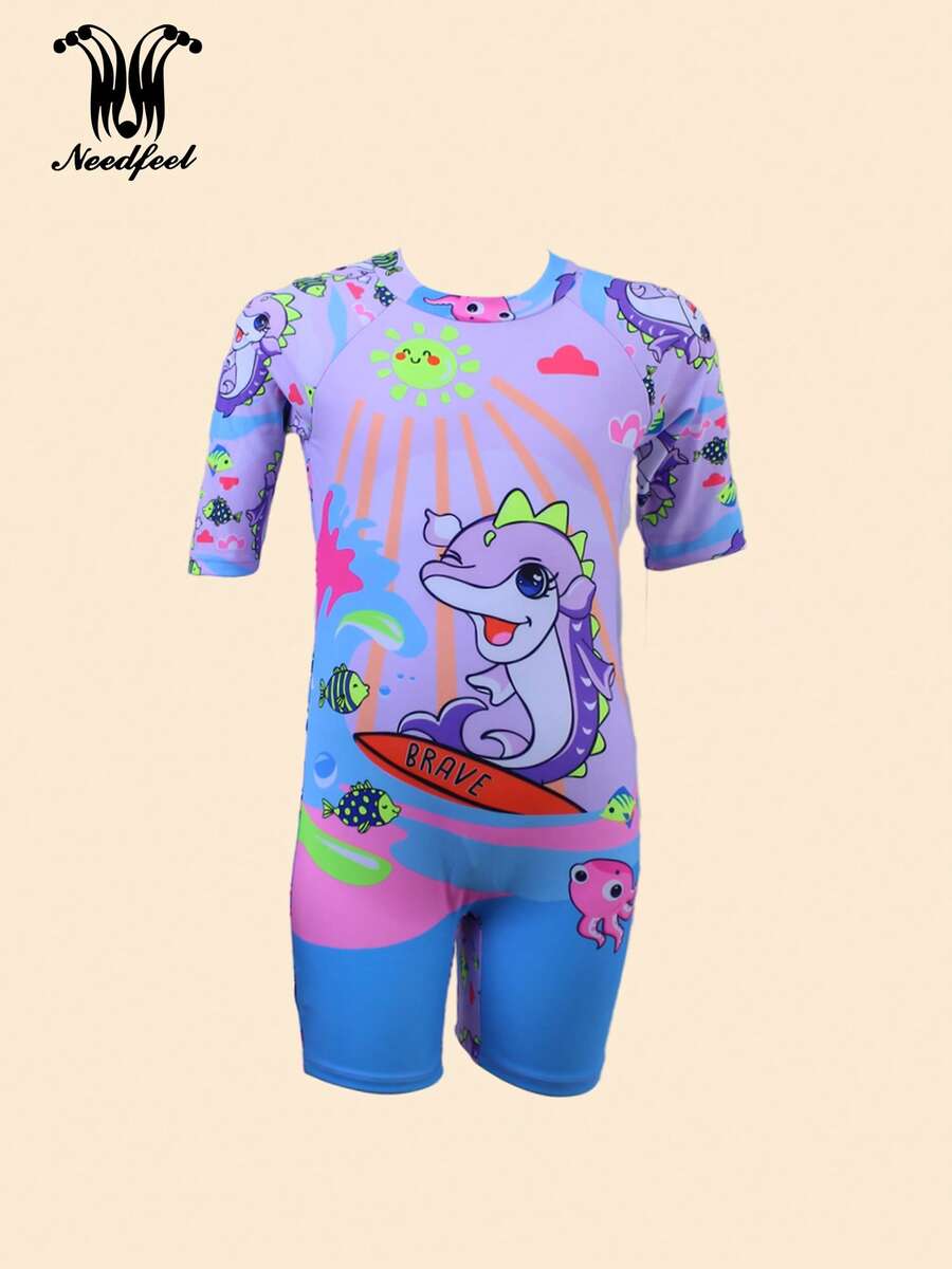 Traje de baño entero para niñas pequeñas de 4 a 12 años, con patrones cartonísticos de animales marinos, adorable y dulce. Traje de baño de mangas largas integrado para la playa, anti - solar. - Lila Púrpura - Ver 1