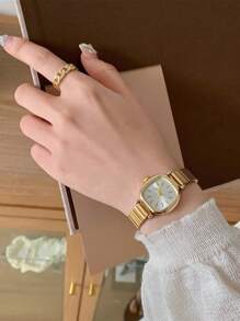 1 pieza Reloj de cuarzo vintage con correa de acero inoxidable para mujer, versátil para uso diario
