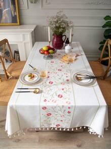 1pc Pink Floral With Green Leaf Embroidered Tablecloth, French Luxury Minimalist Style, Home Kitchen Decor, Suitable For Holiday Gatherings, Birthday Parties, Dining Table Decor, Home Decoration, All Seasons