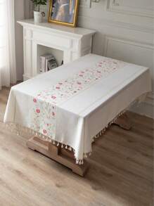 1pc Pink Floral With Green Leaf Embroidered Tablecloth, French Luxury Minimalist Style, Home Kitchen Decor, Suitable For Holiday Gatherings, Birthday Parties, Dining Table Decor, Home Decoration, All Seasons