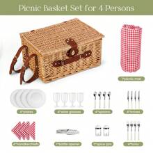 Ensemble de panier de pique-nique en osier pour 4 personnes, panier en osier fait main avec couverture de pique-nique imperméable, compartiment isotherme, assiettes, verres à vin, couverts, panier de pique-nique pour le camping, fête en plein air