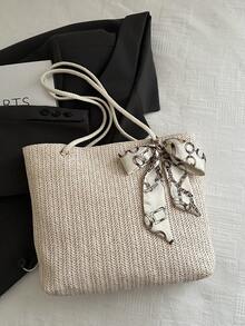 新款时尚女士大容量编织手提包，百搭单肩斜挎包，休闲时尚手提包 - 米色 - 查看 8