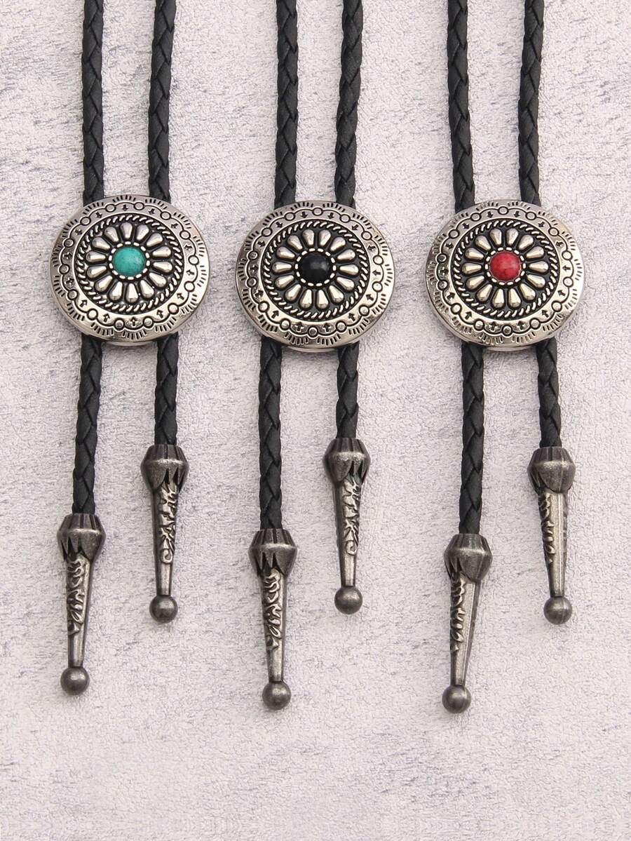 1 件时尚百搭花坚果形状男士长项链，复古做旧西部牛仔风格波洛领带项链，可调节编织皮绳，适合送给男朋友、父亲、长辈、感恩节、新年的礼物 - 圓形 - 查看 1