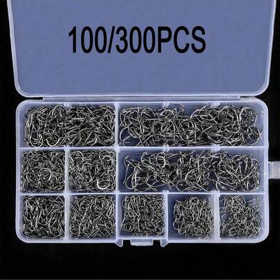 100/300pcs High Carbon Steel Fishing Hooks Set, Sport Circle Sharp Piercing Hooks, Sizes #3 To #12 - Assorted Fishhooks With Storage Box For Freshwater Saltwater Fishing