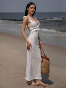Carolina Barros Váy hở vai gợi cảm màu trắng mùa hè có họa tiết móc hở lưng khoét sâu và đường viền thanh lịch, Váy mùa hè cho nữ, Váy tốt nghiệp màu trắng - trắng - Xem 2