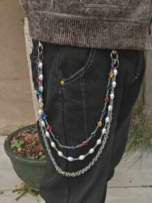 Corrente de Calça com Três Camadas de Pérolas e Strass Colorido, Ícone da Moda Acessório de Cintura Luxuoso, Minimalismo, Joias Hip Hop, Produto com Corrente Multicolorida Enviada Aleatoriamente