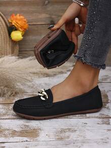 Women's Spring New Arrival Gold Chain Decor Slip-On Loafers, Light Weight Comfortable Versatile Rubber Flat Shoes - Black-two-tone - View 4