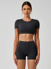 NcmRyu Women's Sexy Fitted Stretchy Short Sleeve Shorts Sports Set - màu đen - Xem 4