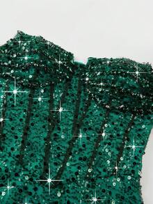 Đầm Astony One mới, gợi cảm, thanh lịch, xẻ tà, đính sequin, kiểu cổ yếm, đầm dạ hội màu xanh lá cây lấp lánh, xẻ tà cao. - màu xanh lá - Xem 9