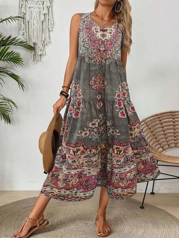 Vestido estampado floral de verão, vestido feminino elegante com decote em U e comprimento médio, sem mangas