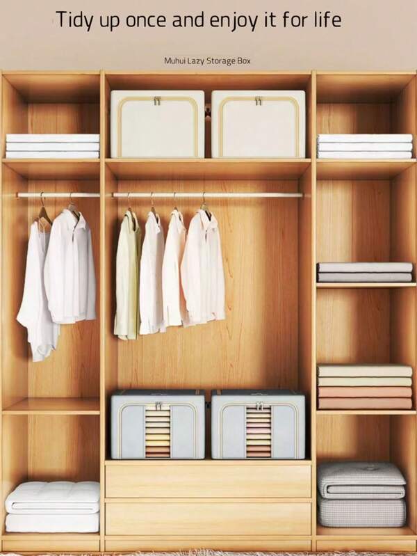1 pieza Caja de almacenamiento con marco de acero de tela Oxford de unicolor, capacidad grande de 66L, lavable, ideal para dormitorio y mudanza