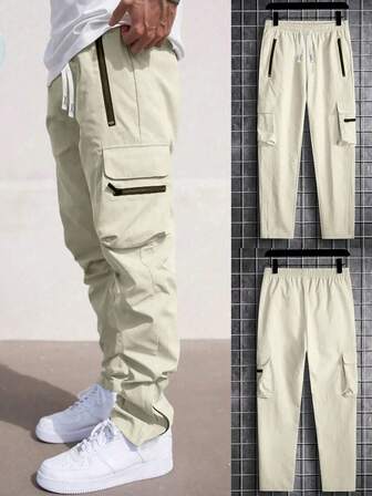 Tween Boy 宽松翻盖口袋抽绳腰部工装裤，纯色长款宽松浅灰色裤子