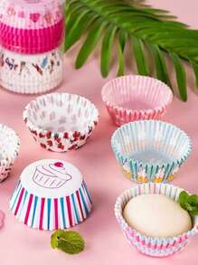 100/200/300pcs Random Color Disposable Dessert Cups, Small Cupcake Cups, Non-Stick Oil-Proof Paper Liners (The Pattern Variety May Not Be Fully Displayed In The Image)