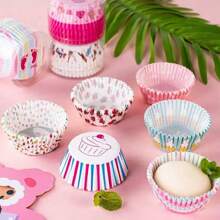 100/200/300pcs Random Color Disposable Dessert Cups, Small Cupcake Cups, Non-Stick Oil-Proof Paper Liners (The Pattern Variety May Not Be Fully Displayed In The Image)