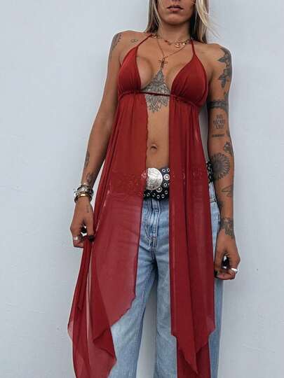 Cropped Cortina Maxi Tule  Simples    Sensual    Tecido de malha    Transparente    Palco e Concerto  Noite