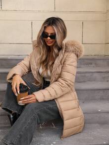 Giolshon 女士休闲连帽夹克，带口袋，轻便羽绒服，适合日常穿着 - 米色 - 查看 11