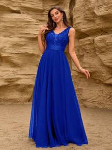 春夏V领无袖刺绣网纱A字型正式伴娘礼服、优雅派对礼服、正式婚礼宾客礼服、毕业典礼礼服、晚礼服 - 寶藍色 - 查看 5